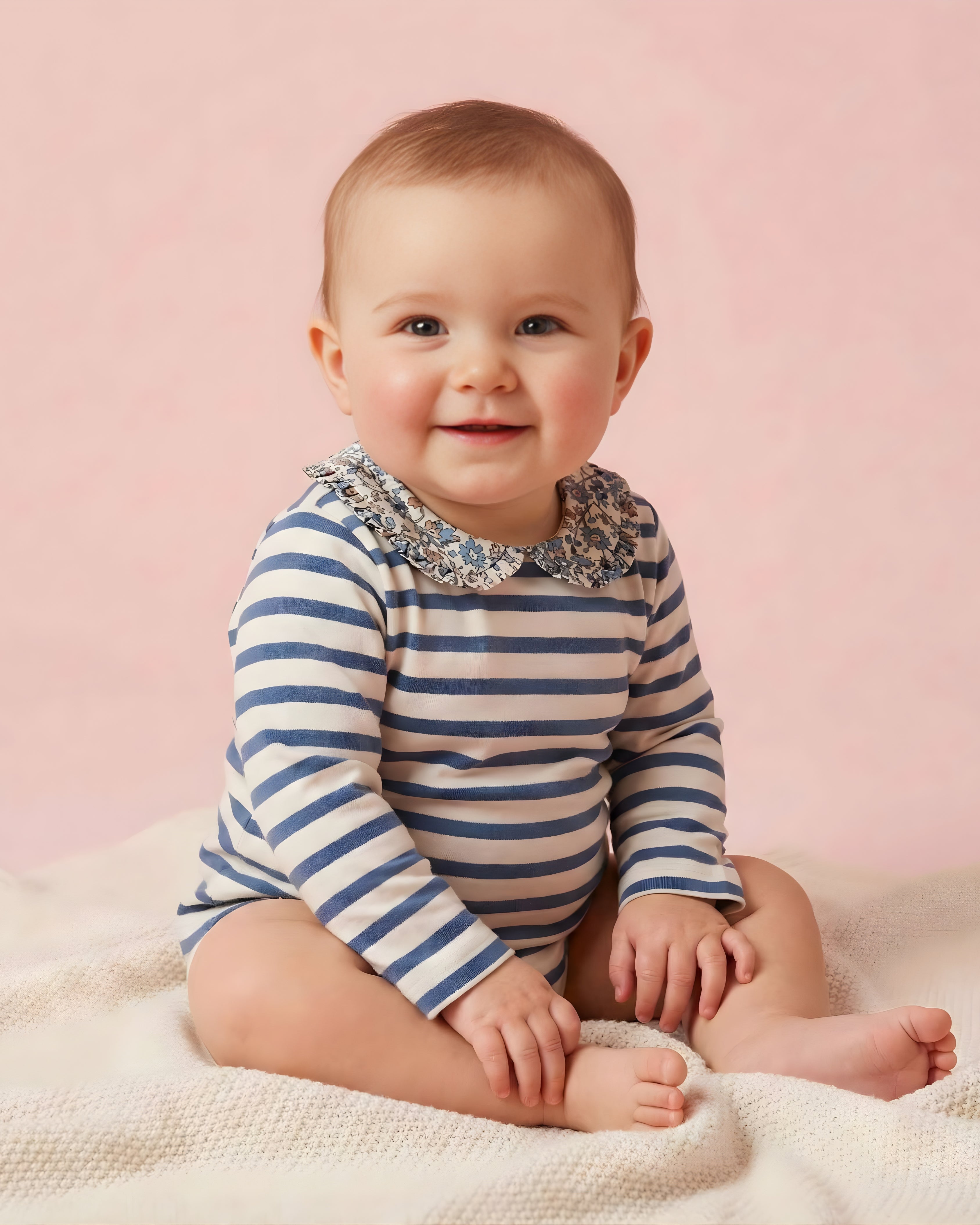 Vintage Navy Stripe Floral-Collar Baby Romper