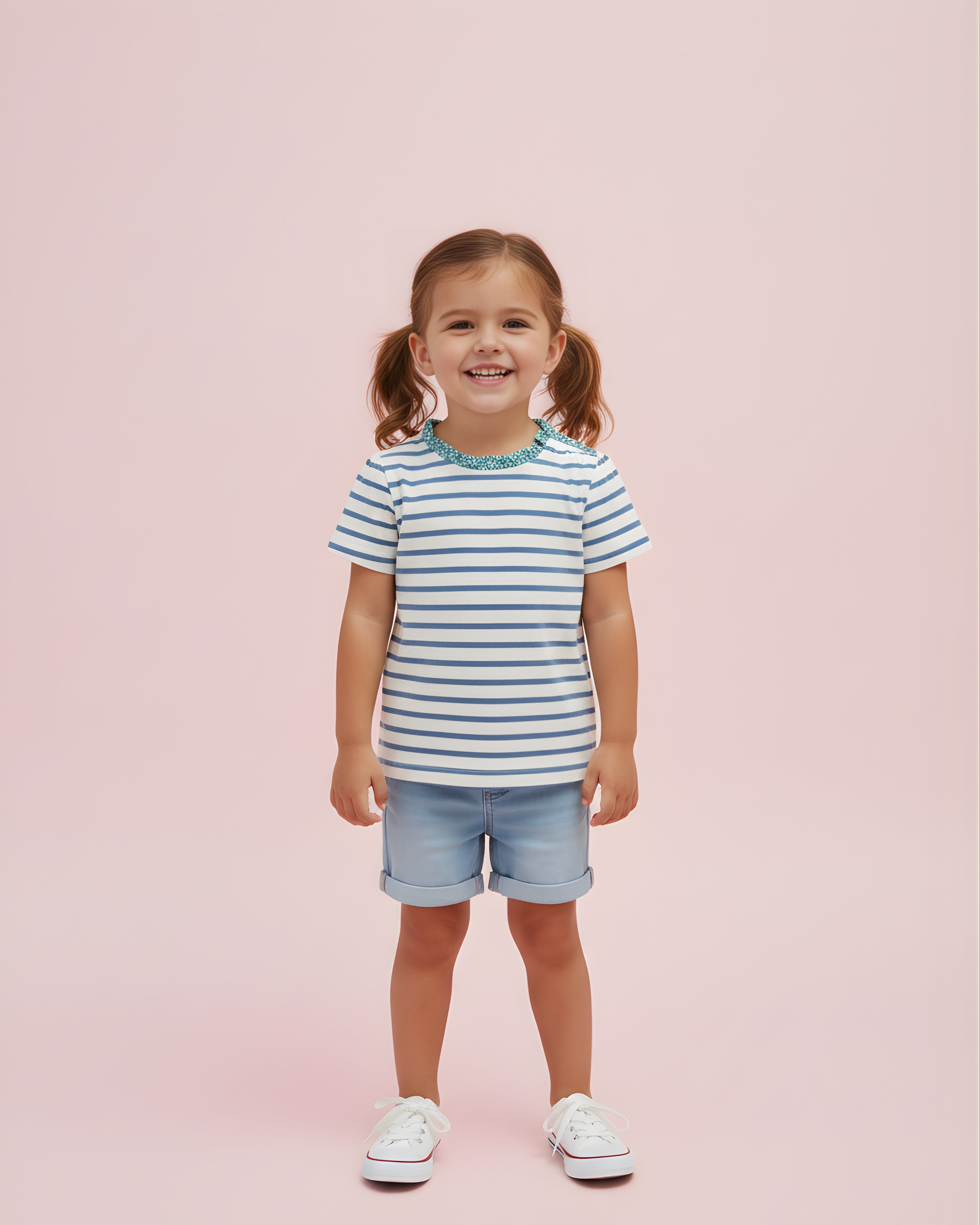 Blue & White Striped Tee with Floral Ruffle Collar