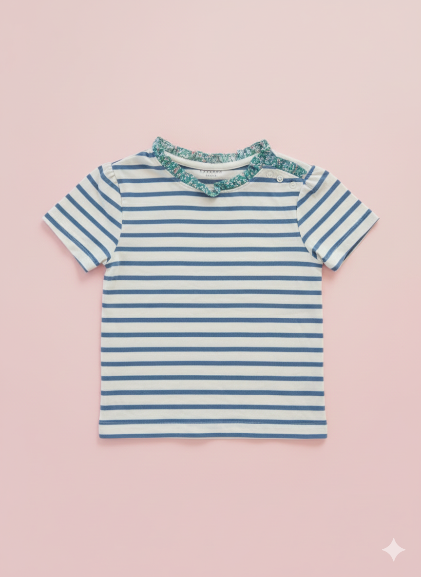 Blue & White Striped Tee with Floral Ruffle Collar