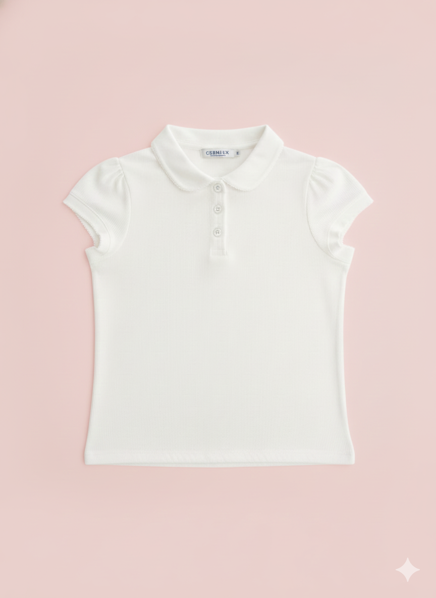 White Puff-Sleeve Girls’ Polo Top