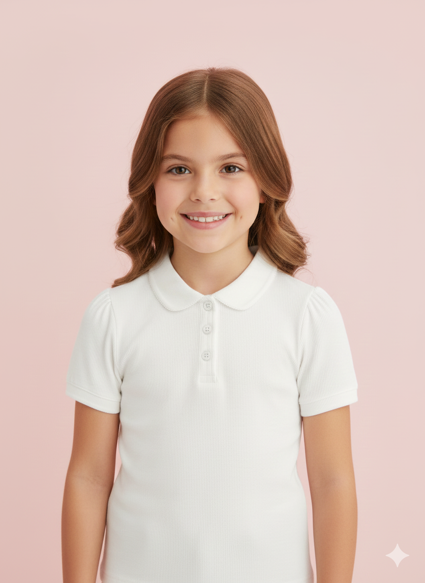 White Puff-Sleeve Girls’ Polo Top