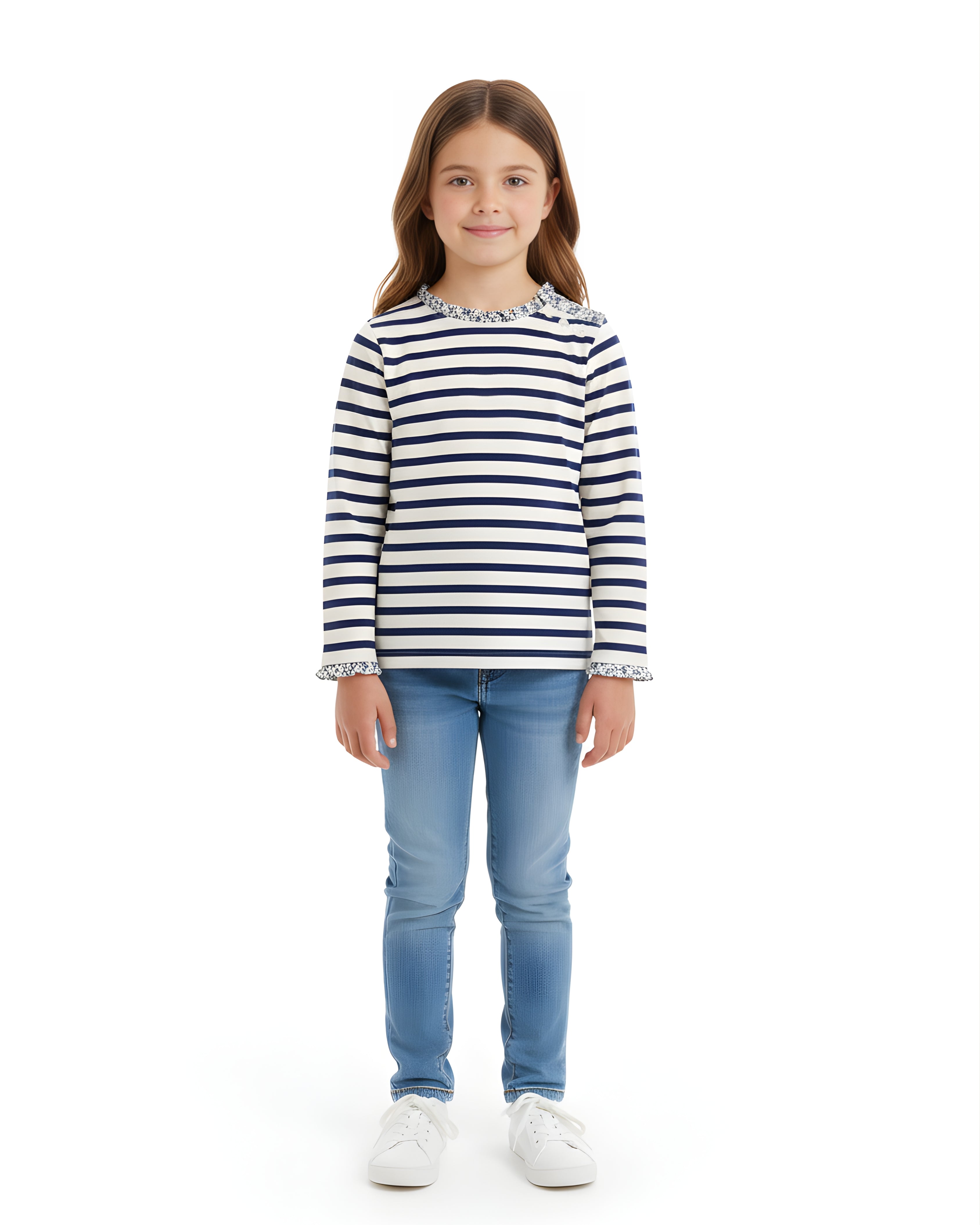Classic Navy Stripe Ruffle-Collar Girls’ Top