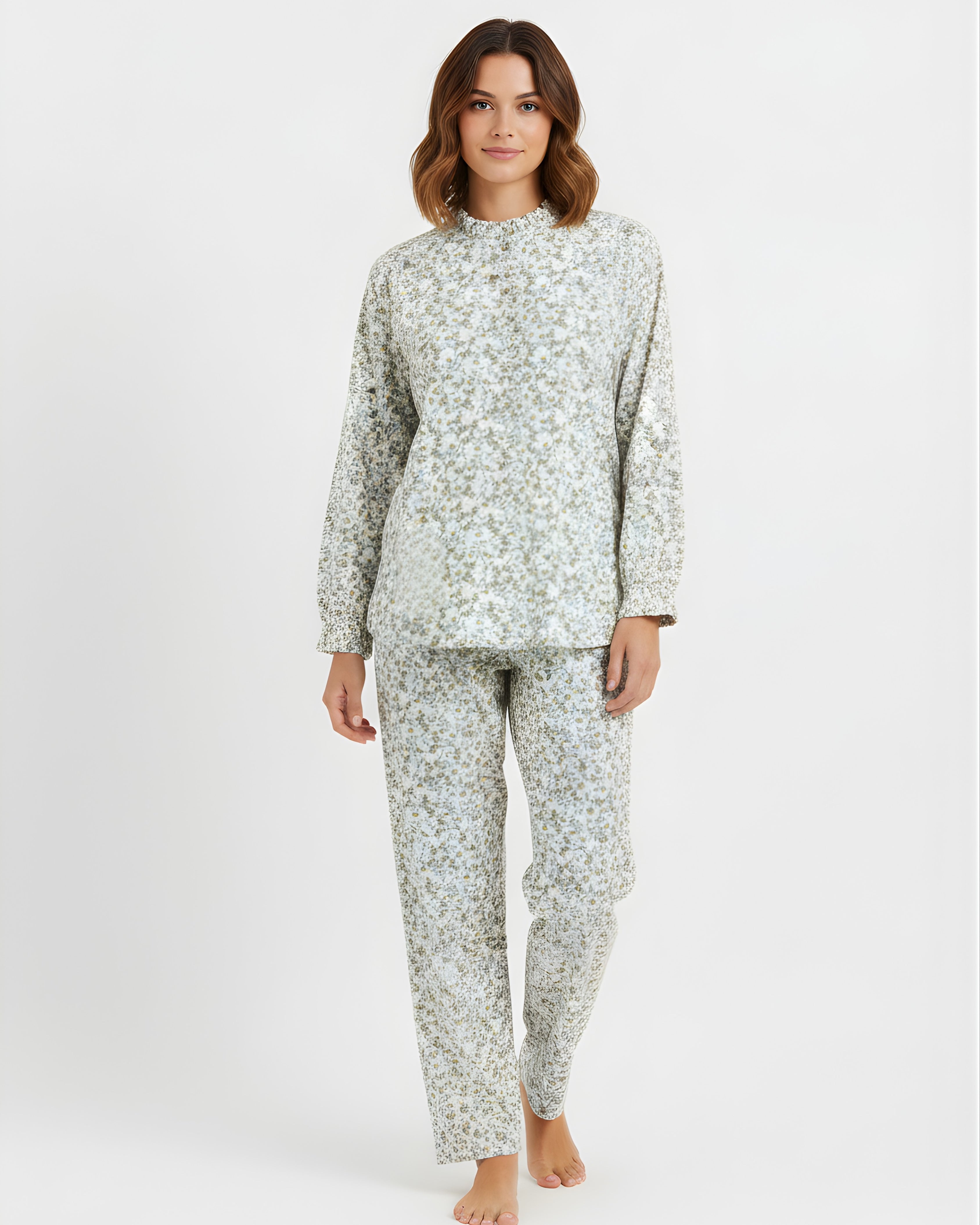 Women's Sage Green Ditsy Floral Print High-Neck Pajama Set