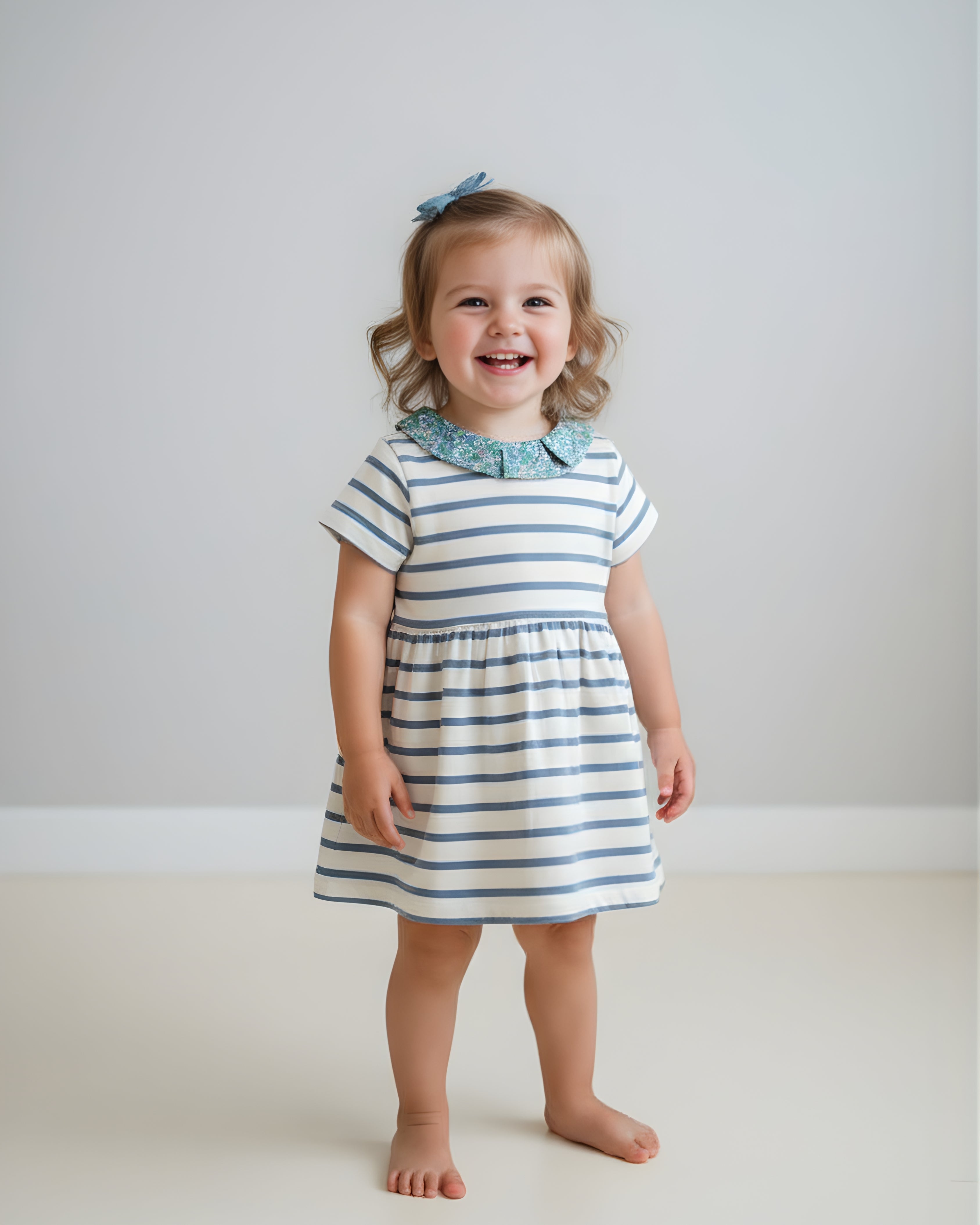 Toddler Girls' Navy & White Striped Knit Dress with Ruffle Collar