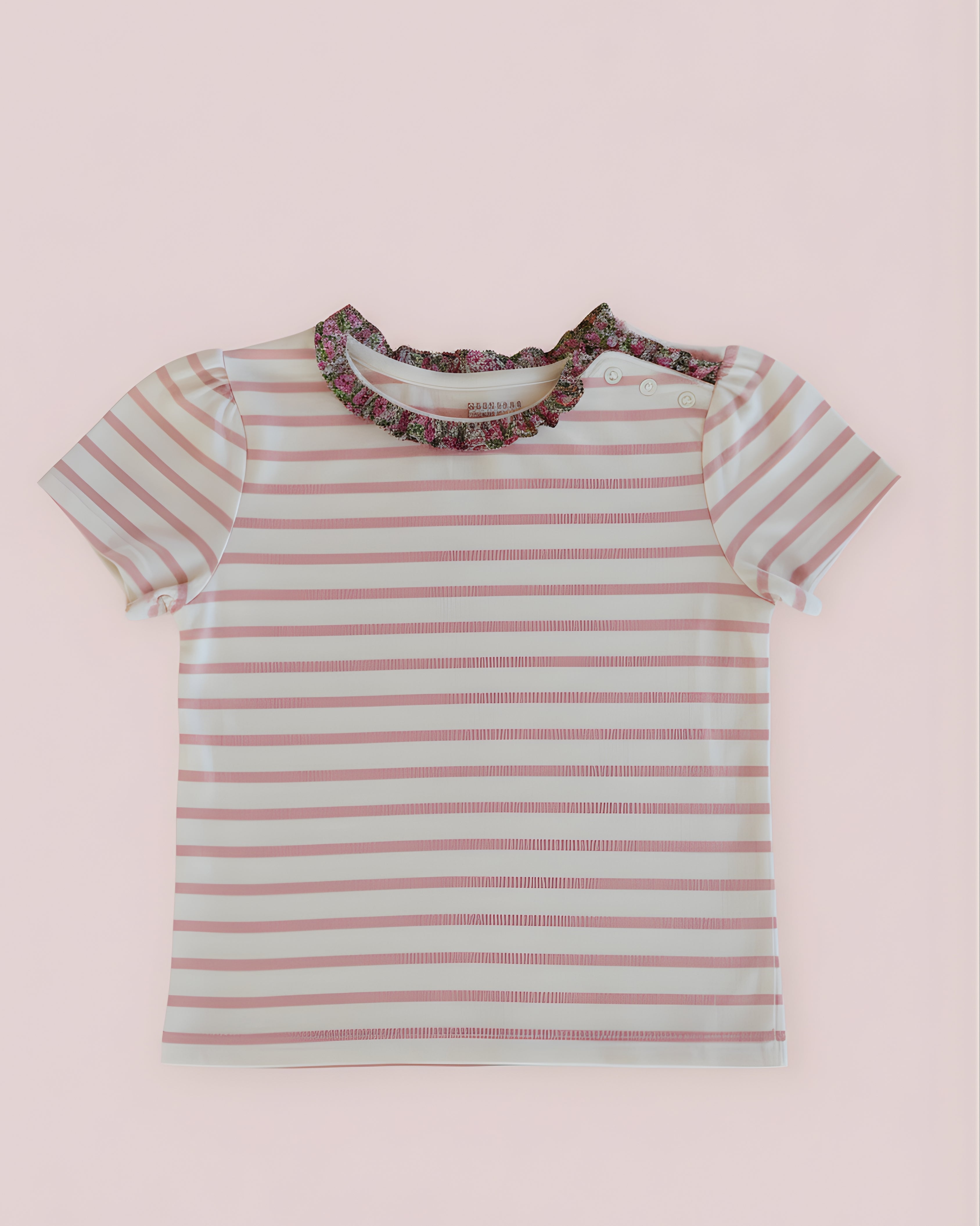 Pink Striped Tee with Floral Ruffle Collar