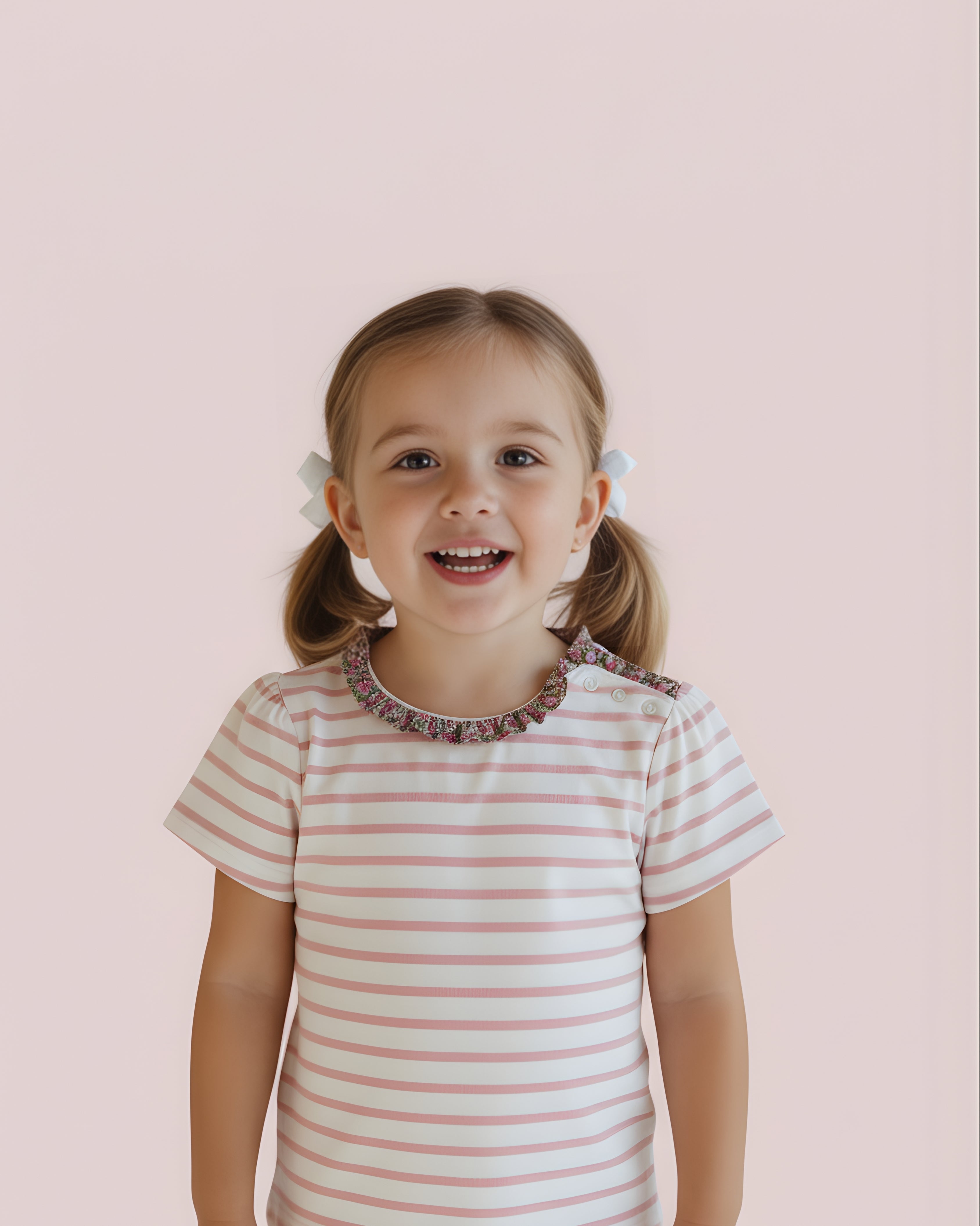 Pink Striped Tee with Floral Ruffle Collar